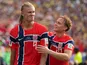 Erling Haaland of Norway celebrates with Andreas Schjelderup on July 9, 2026