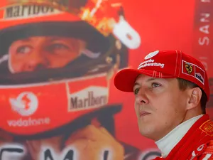 Ferrari's Michael Schumacher in the garage during a practise session of the San Marino F1 Grand Prix on April 23, 2004