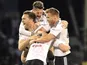 Kevin McDonald, Oliver Norwood, Tomas Kalas and Tim Ream celebrate after the Championship playoff semi-final between Fulham and Derby County on May 14, 2018