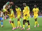 Thapelo Maseko celebrates his goal with teammates