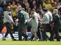 Watford's Jonathan Bond of is stretchered off during Championship match on May 4, 2013