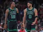 Oshae Brissett and Jayson Tatum of the Boston Celtics pictured on March 23, 2024