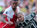 Arsenal's Gabriel Magalhaes and Manchester United's Antony clash on September 3, 2023