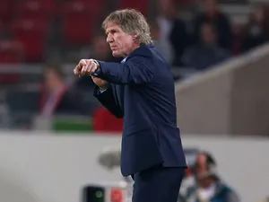 Gertjan Verbeek, head coach of Nuernberg gestures during the Bundesliga match between VfB Stuttgart and 1.FC Nuernberg at Mercedes-Benz Arena on October 25, 2013