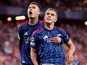 Arsenal's Gabriel Martinelli and Leandro Trossard celebrate on May 16, 2025
