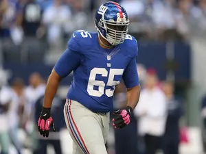 Will Beatty of the New York Giants in action against Dallas on October 28, 2012