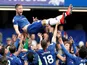 Chelsea captain Gary Cahill is lifted by teammates after his final home appearance for the club on May 5, 2019