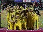 Australia celebrate with the trophy after beating West Indies to win the ICC Women's World Cup on February 17, 2013
