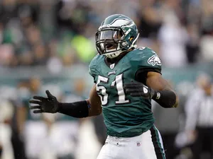 Jamar Chaney #51 of the Philadelphia Eagles reacts to a play against the Arizona Cardinals at Lincoln Financial Field on November 13, 2011