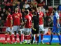 Nathan Baker of Bristol City (2nd L) is sent off during the Sky Bet Championship match between Bristol City and Blackburn Rovers at Ashton Gate on December 5, 2015