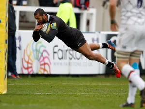 Noah Cato of Newcastle Falcons scores Newcastle's opening try during the Aviva Premiership match between Newcastle Falcons and Leicester Tigers at Kingston Park on March 2, 2014