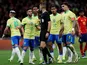 Brazil's Yan Couto, Galeno, Wendell and Lucas Paqueta react after referee Antonio Nobre awarded Spain a penalty on March 26, 2024