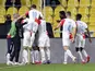 Slavia Prague's Ibrahim Benjamin Traore celebrates scoring their first goal with teammates on February 17, 2022