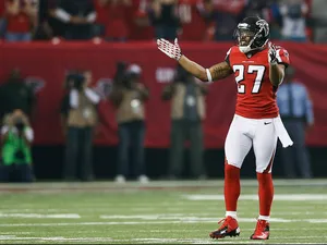 Robert McClain #27 of the Atlanta Falcons reacts during their NFC Divisional Playoff Game against the Seattle Seahawks at Georgia Dome on January 13, 2013