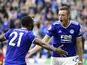 Leicester City's Jamie Vardy celebrates scoring against Wolverhampton Wanderers in the Premier League on August 14, 2021