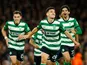 Pedro Goncalves celebrates scoring for Sporting Lisbon against Arsenal on March 16, 2023