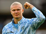 Manchester City's Erling Haaland celebrates on August 16, 2025