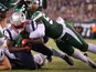 New England Patriots running back Sony Michel (26) dives for a touchdown against New York Jets linebacker C.J. Mosley (57) during the second quarter at MetLife Stadium on October 22, 2019