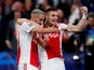 Ajax's Hakim Ziyech celebrates scoring his side's second goal against Tottenham Hotspur with Dusan Tadic on May 8, 2019