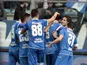 Empoli FC players celebrate a goal scored by Riccardo Saponara during the Serie A match between Empoli FC and US Sassuolo Calcio at Stadio Carlo Castellani on March 22, 2015