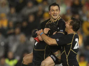 Greig Laidlaw of Scotland celebrates kicking the winning penalty during the International Test match between the Australian Wallabies and Scotland at Hunter Stadium on June 5, 2012