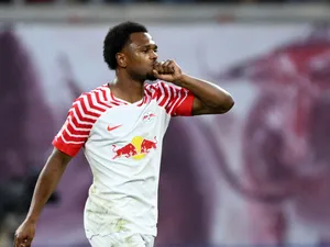 RB Leipzig's Lois Openda celebrates scoring their first goal on September 30, 2023
